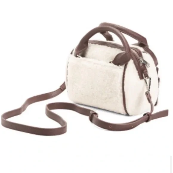 Aspen satchel bag cream Sherpa with brown faux leather trim with pouch NWT - Picture 3 of 12